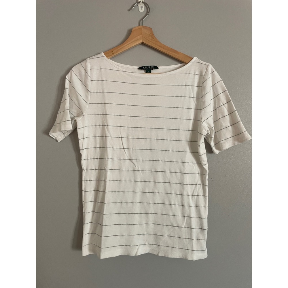 Lauren Ralph Lauren Top Womens L White Silver Striped Boat Neck Preppy